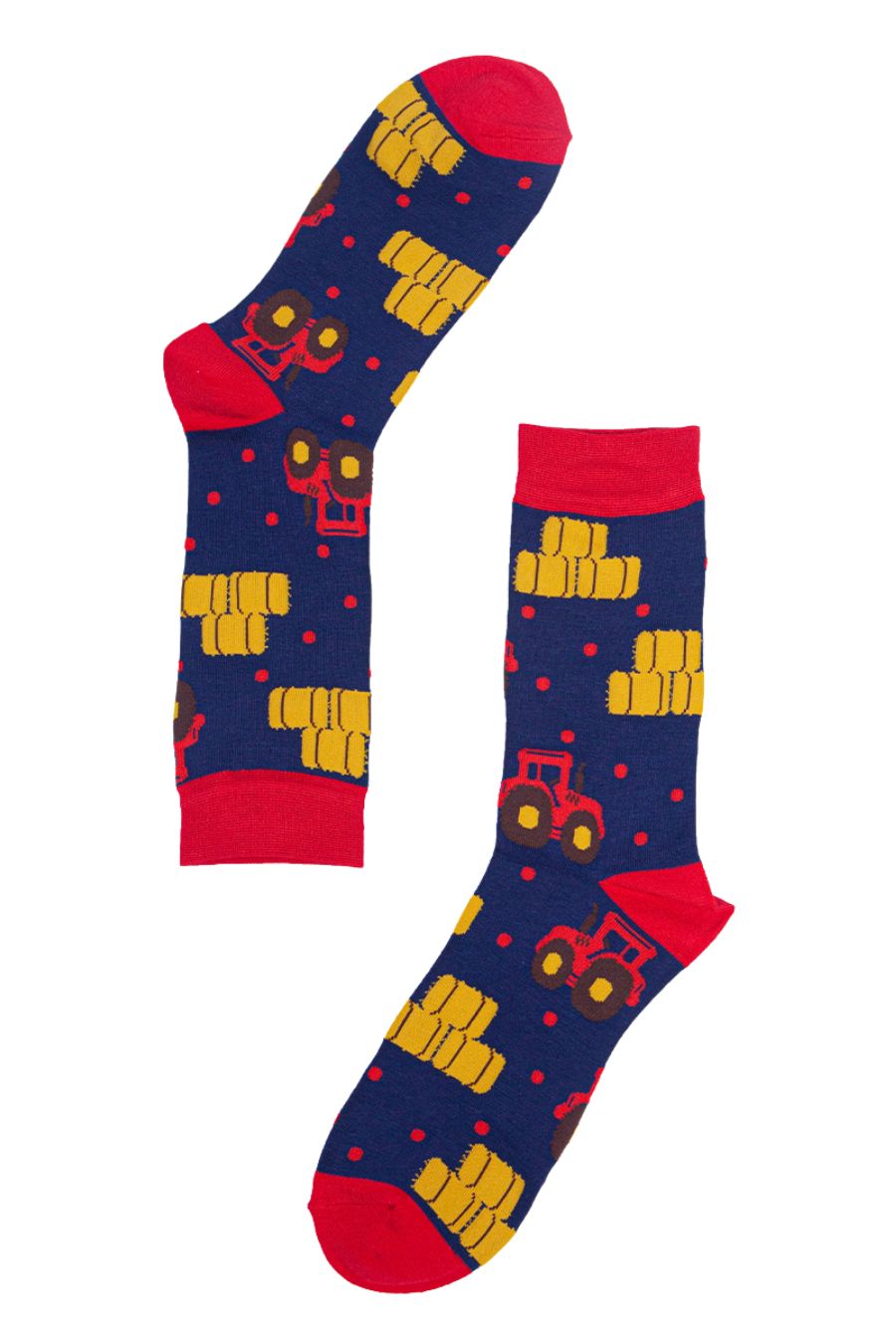 blue, red bamboo socks with red tractors