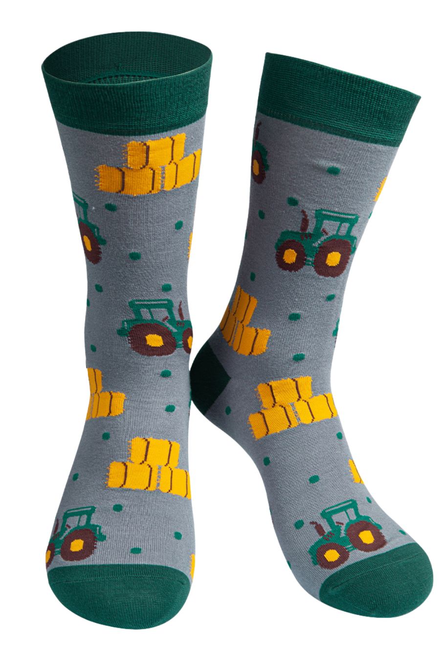 grey, green dress socks with green tractors and yellow hay bales