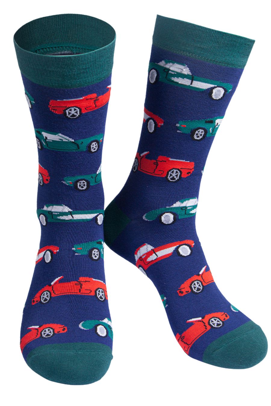 navy blue, green bamboo socks with a sports car pattern