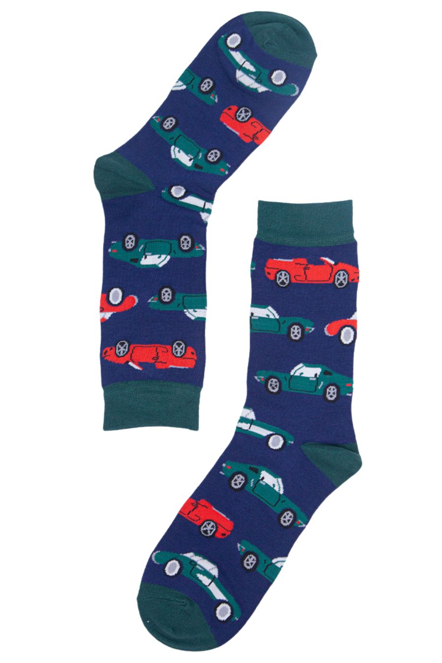 blue bamboo socks with sports cars in green and red