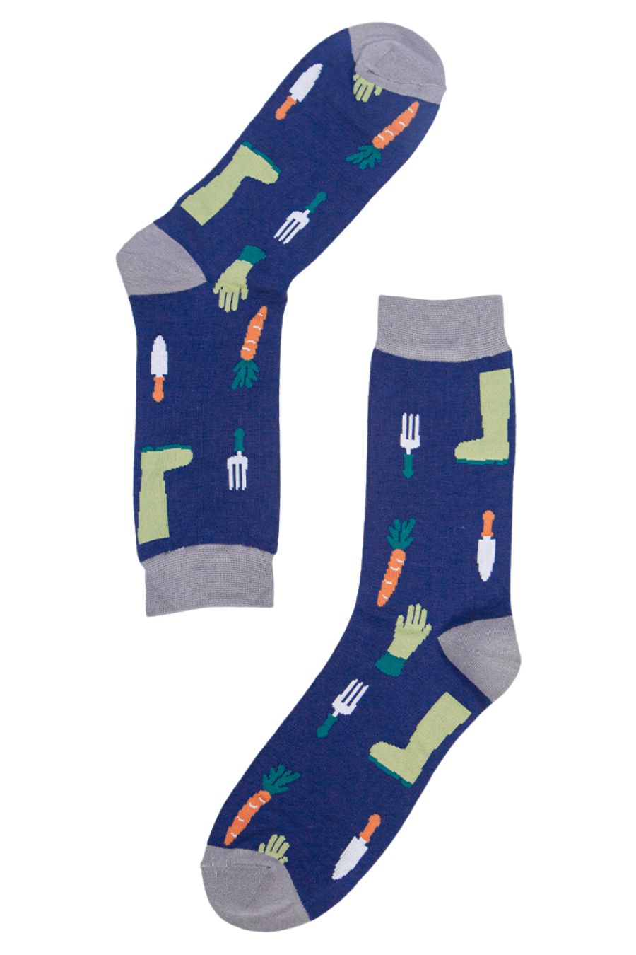 blue dress socks with carrots, gloves, boots and garden tools