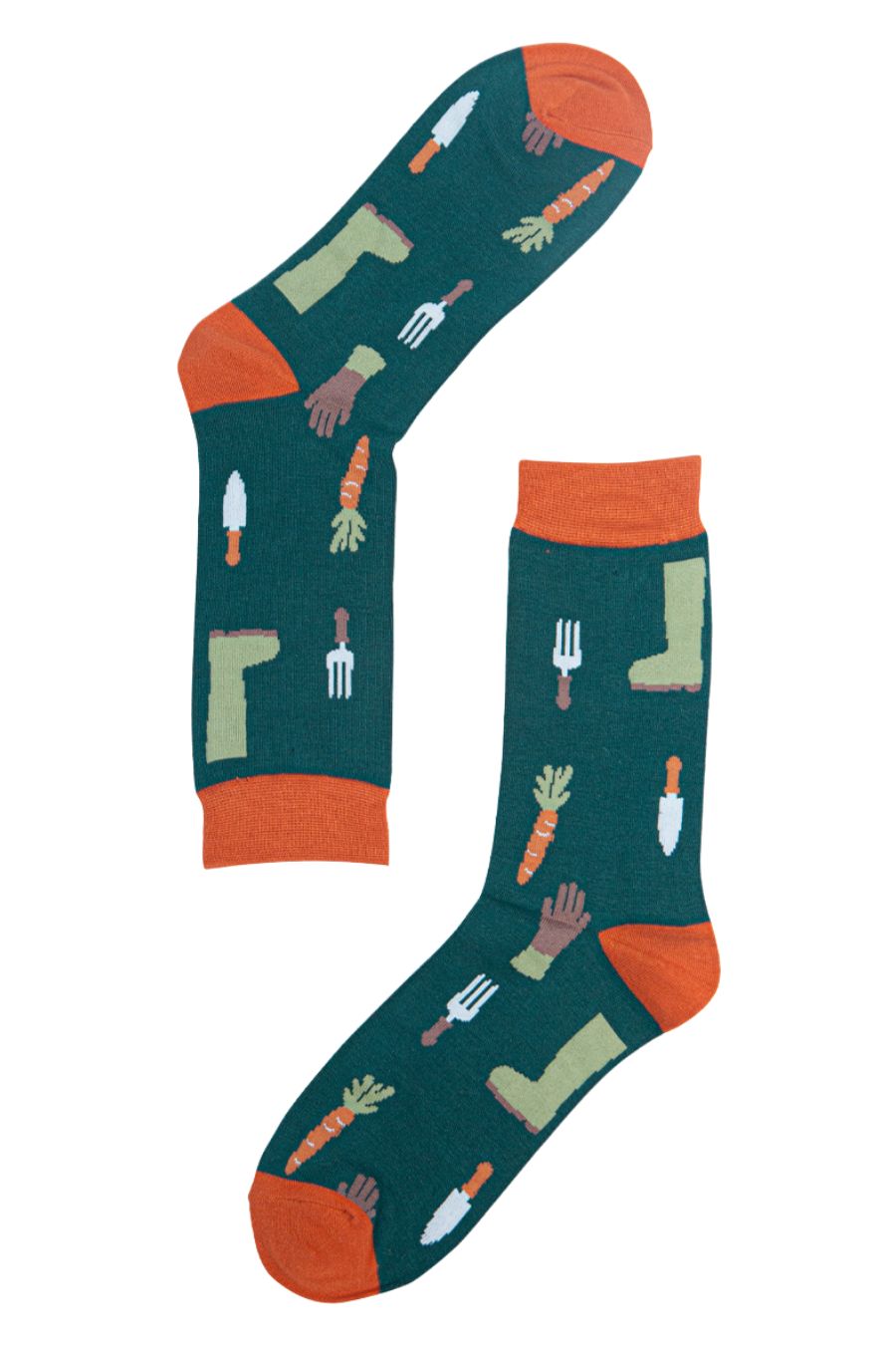 green, orange bamboo socks with gardening tools, carrots, gloves and boots