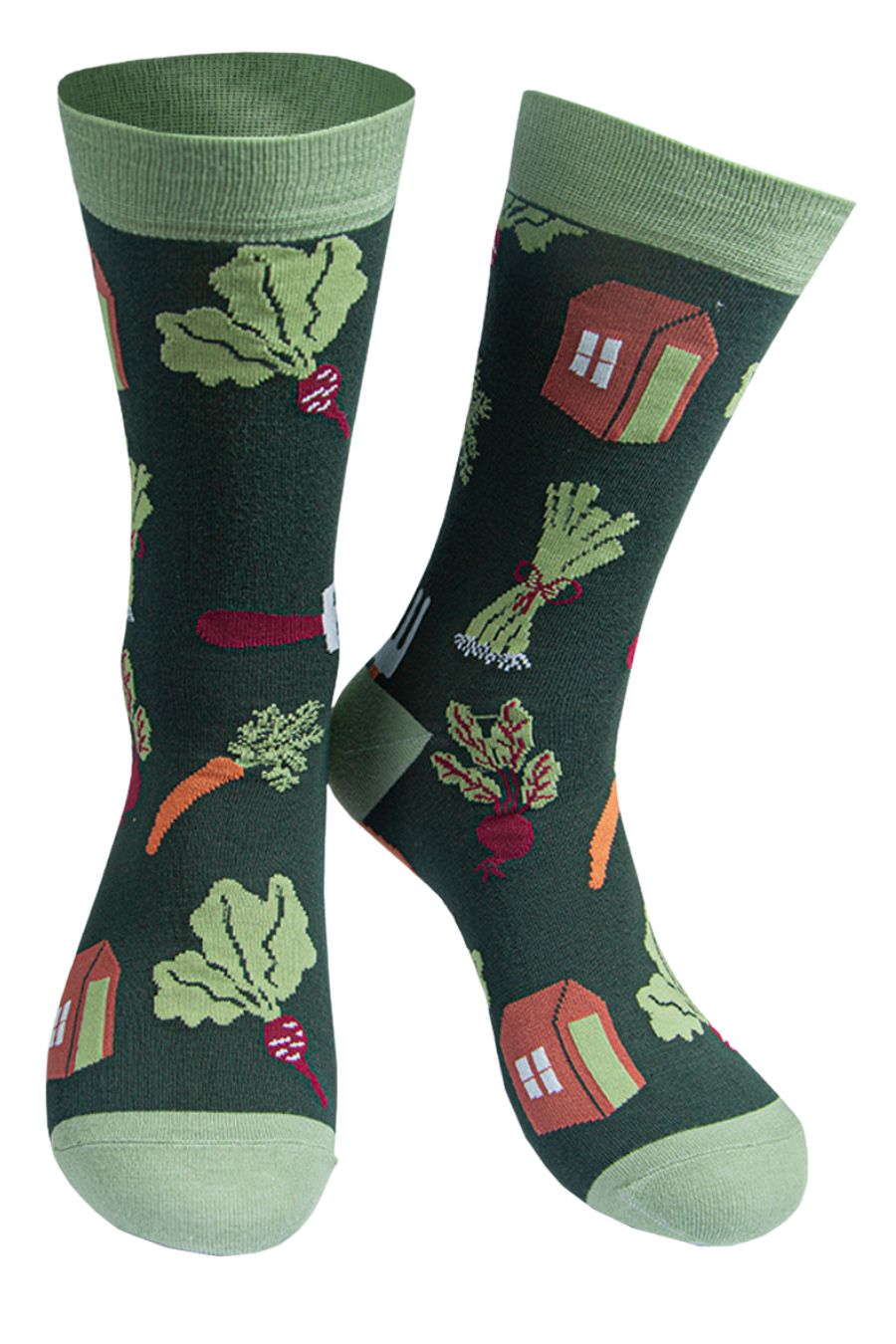 green dress socks with garden sheds, carrots, leeks and gardening tools
