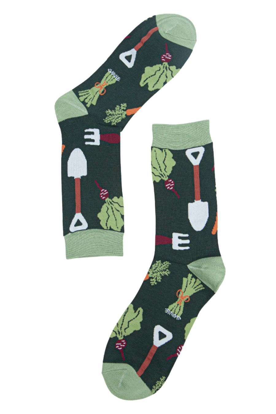 green bamboo socks with a pattern of garden tools