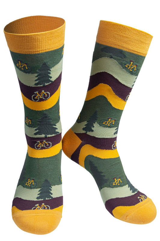 green, brown, yellow striped dress socks featuring bicyles and trees