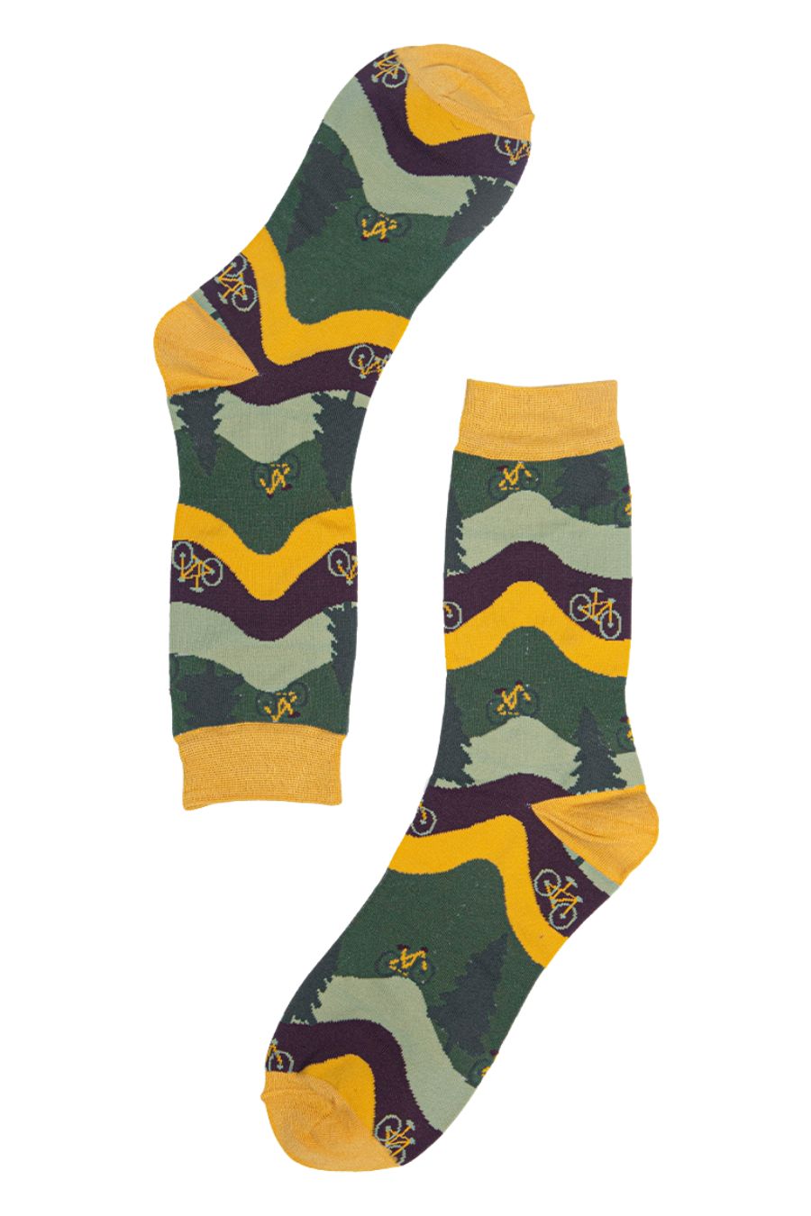 men's dress socks featuring bicycles and trees