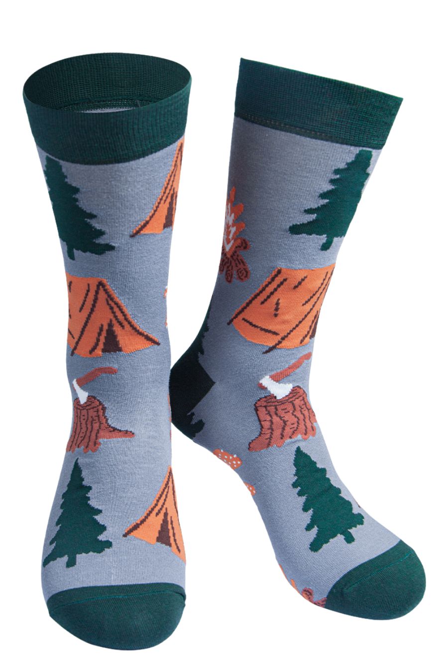grey, green camping socks featuring tents, trees and tree stumps