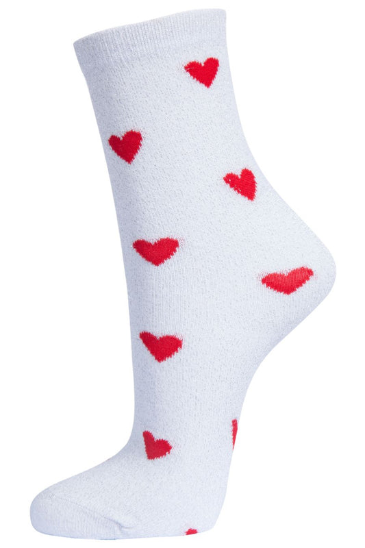 white ankle socks with an all over silver glitter shimmer with a red love heart pattern
