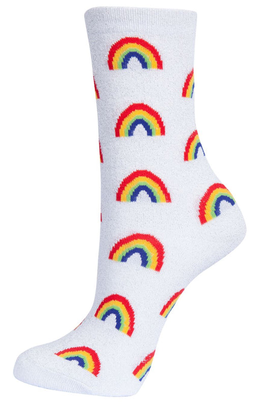 white socks with rainbows, all over silver shimmer glitter effect