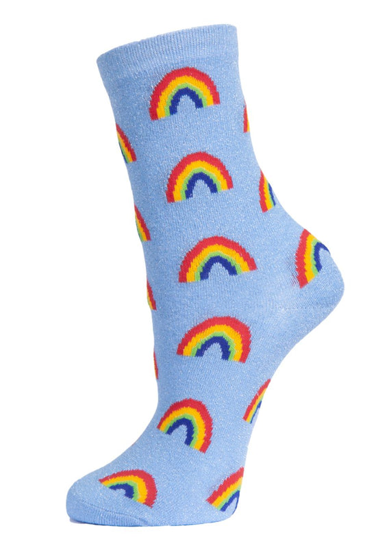 blue glitter  socks with rainbows, all over sparkly glitter effect