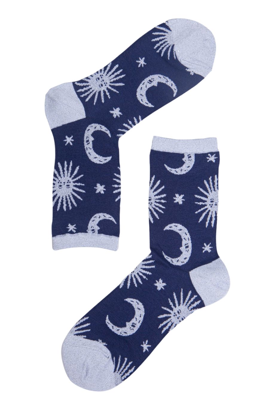 navy and silver star moon pattern silver glitter socks