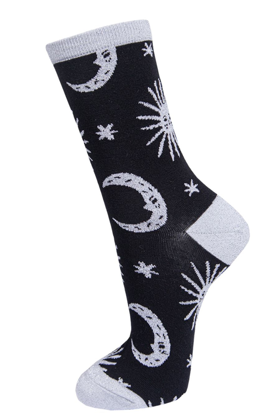black, silver glitter ankle socks with stars and moons on them