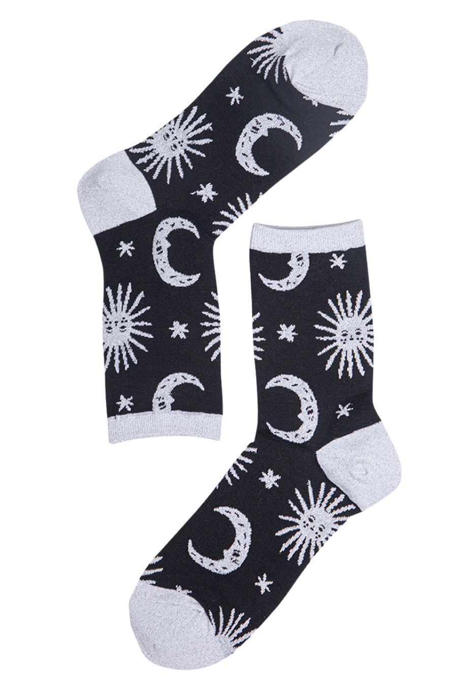 black, silver glitter socks with a celestial star moon print