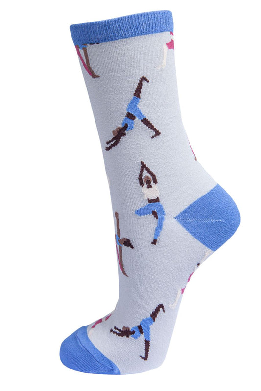 grey, blue ankle socks with cartoon people in yoga poses