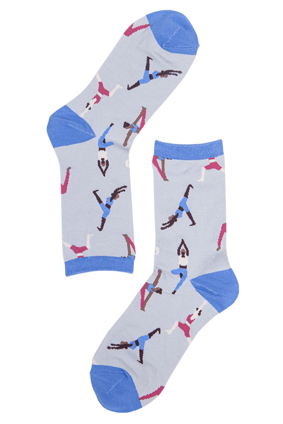 grey, blue ankle socks showing people in yoga poses