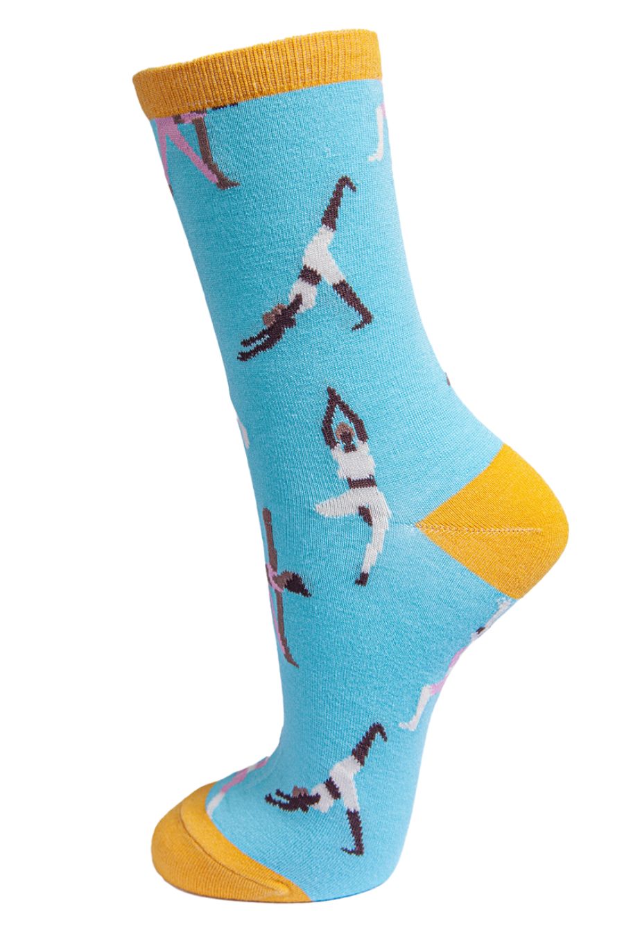 blue, yellow ankle socks with cartoon people in yoga poses