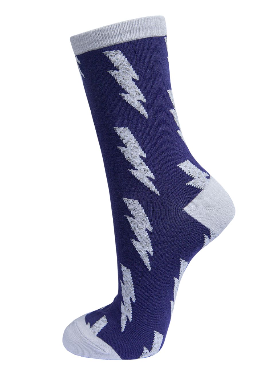 navy blue, grey ankle socks with a leopard print lighting bolt pattern