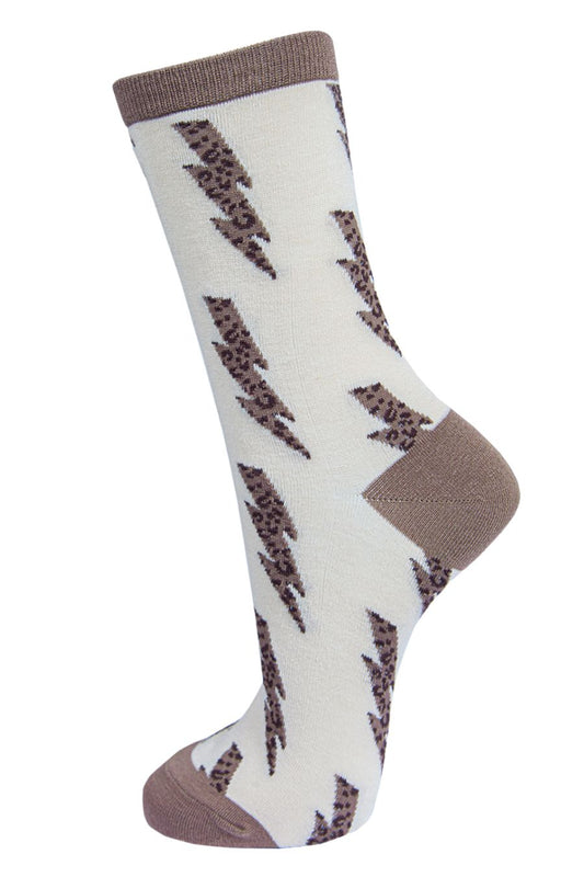 cream ankle socks with neutral brown leopard print lightning bolts