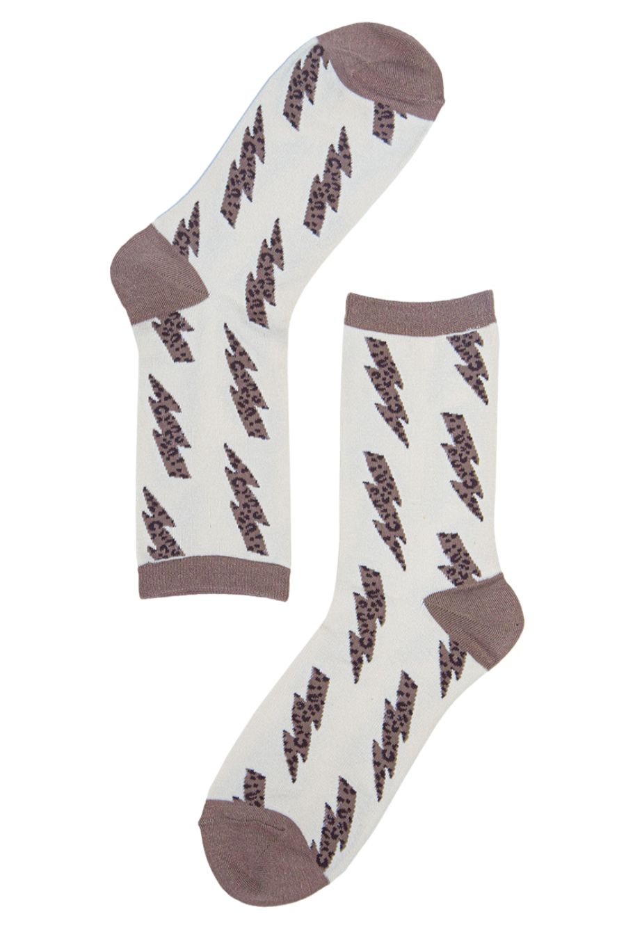 cream socks with brown leoaprd print thunder bolts