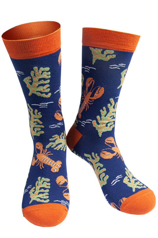 blue bamboo socks artictically designed to look like an underwater scene with lobsters and seaweed