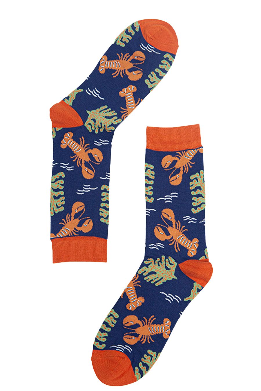 blue bamboo socks featuring lobsters and marine plants