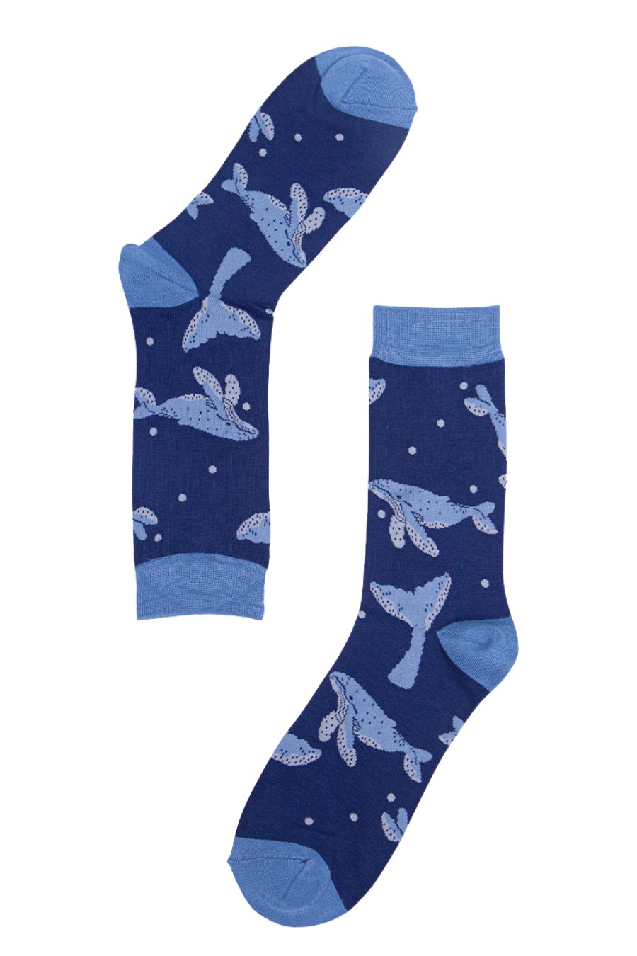 A pair of mens blue whale socks lying flat
