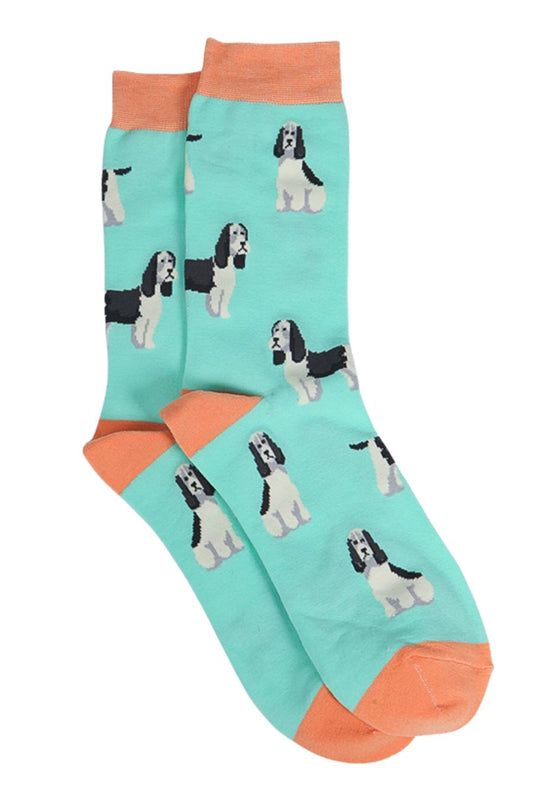 green, orange dress socks with spaniels 