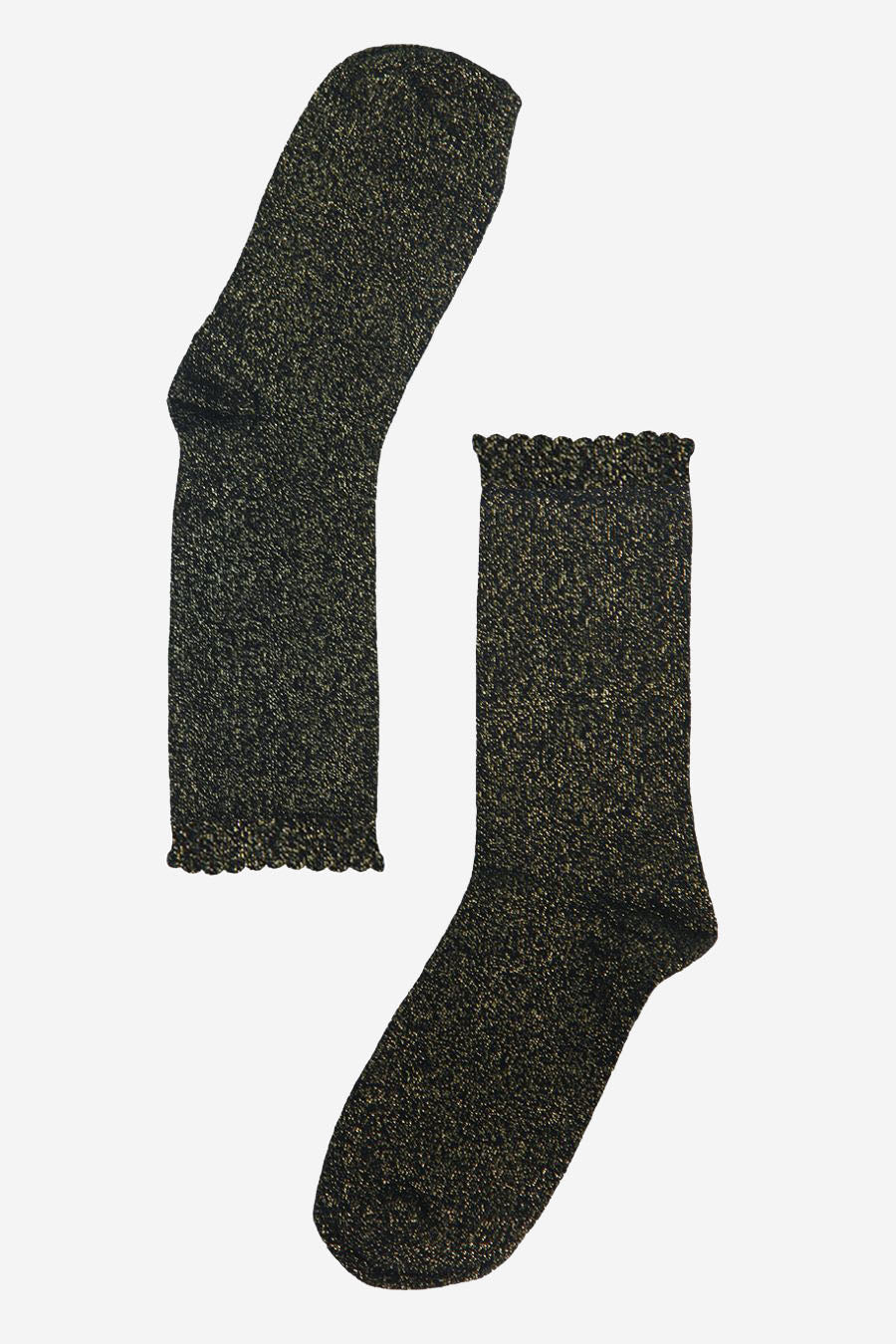 black cotton ankle socks with an all over gold glitter sparkle and scalloped cuffs