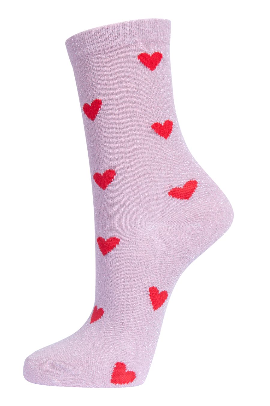 light pink cotton ankle socks with an all over red love heart print pattern and silver glitter shimmer, the socks have scalloped cuffs