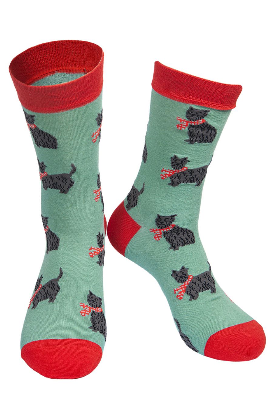 green and red bamboo socks with west highland terriers on them