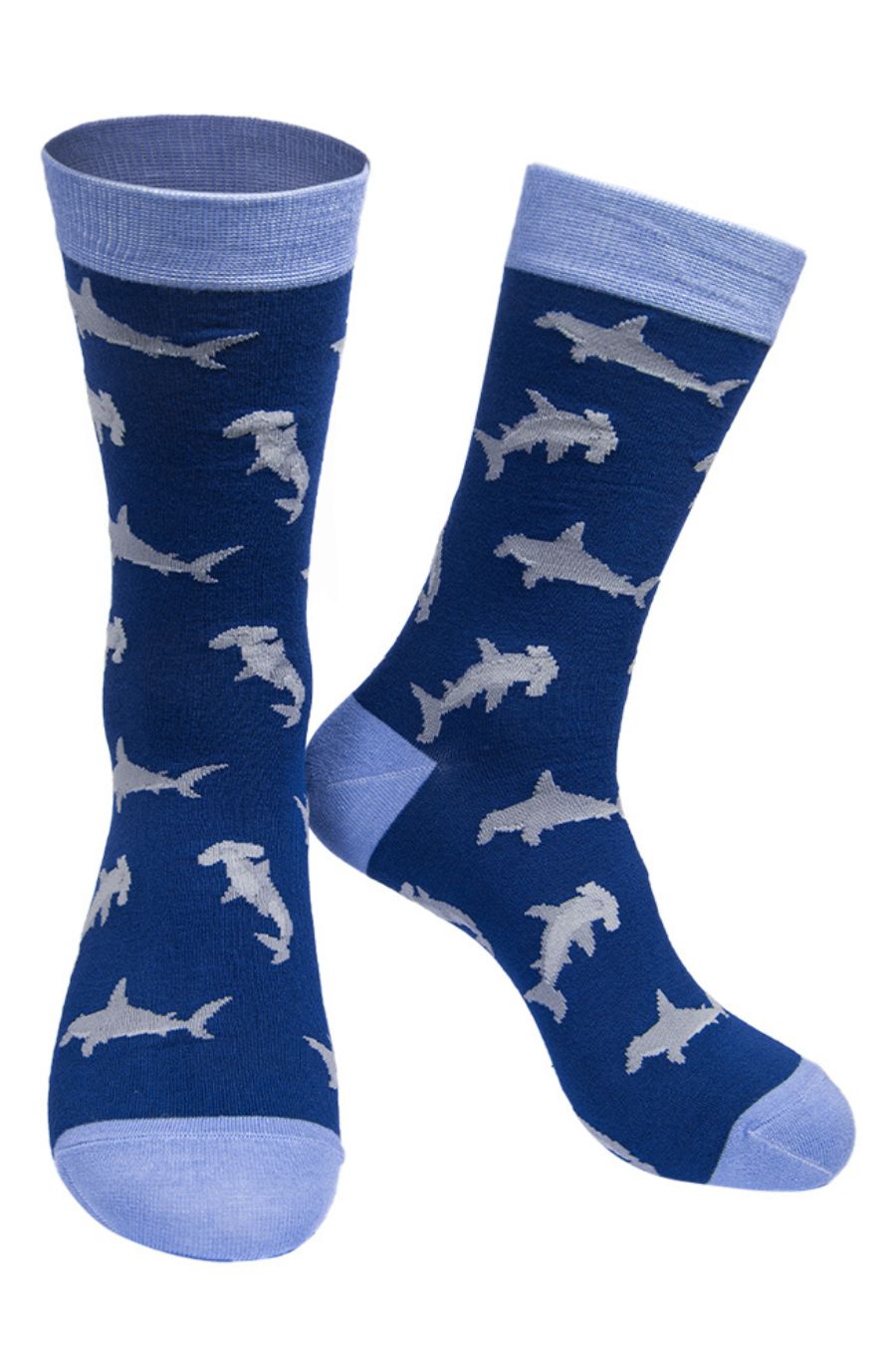 blue dress socks with an all over grey hammerhead shark patttern 