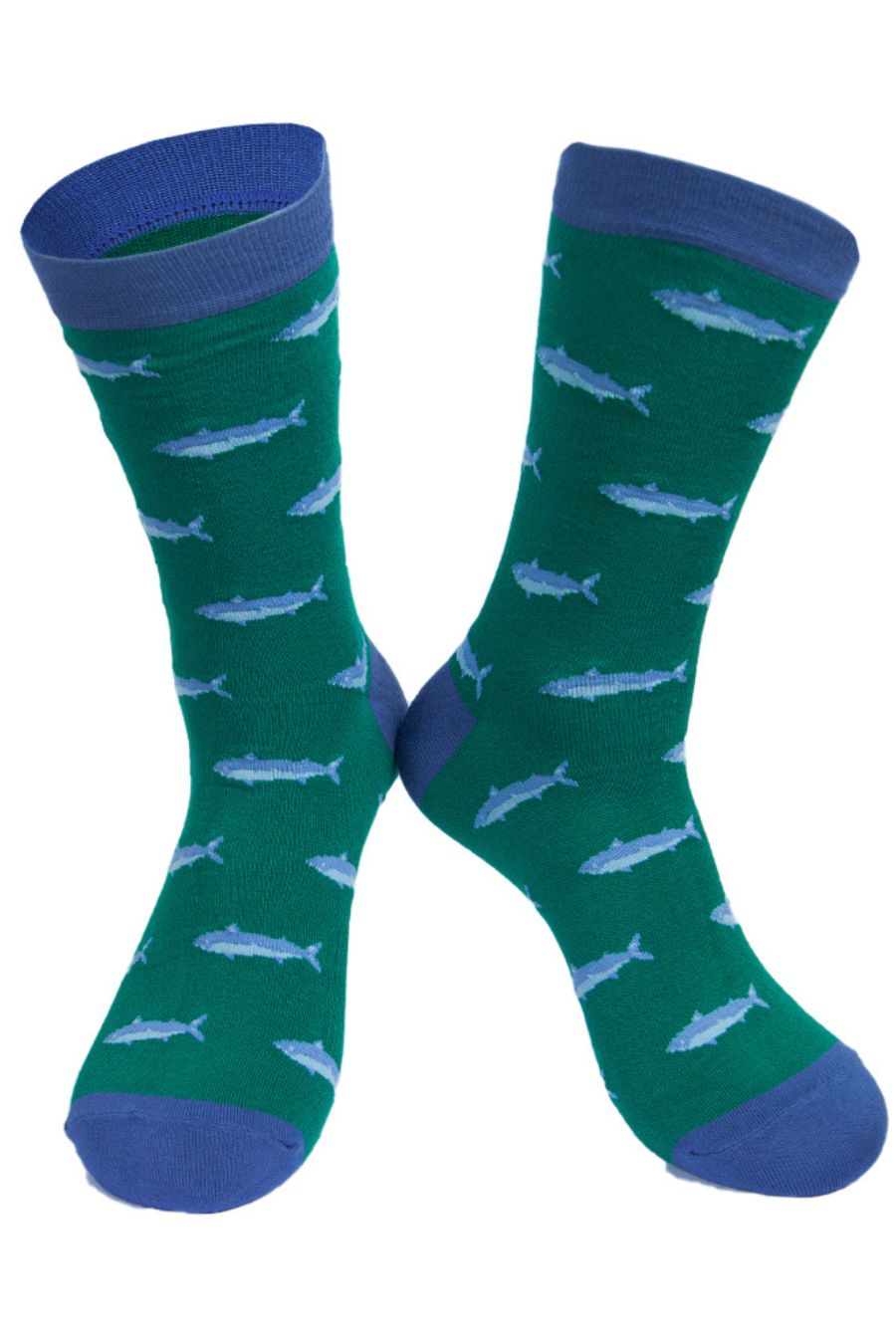 green and blue dress socks with a pattern of fish looking like they are swimming 