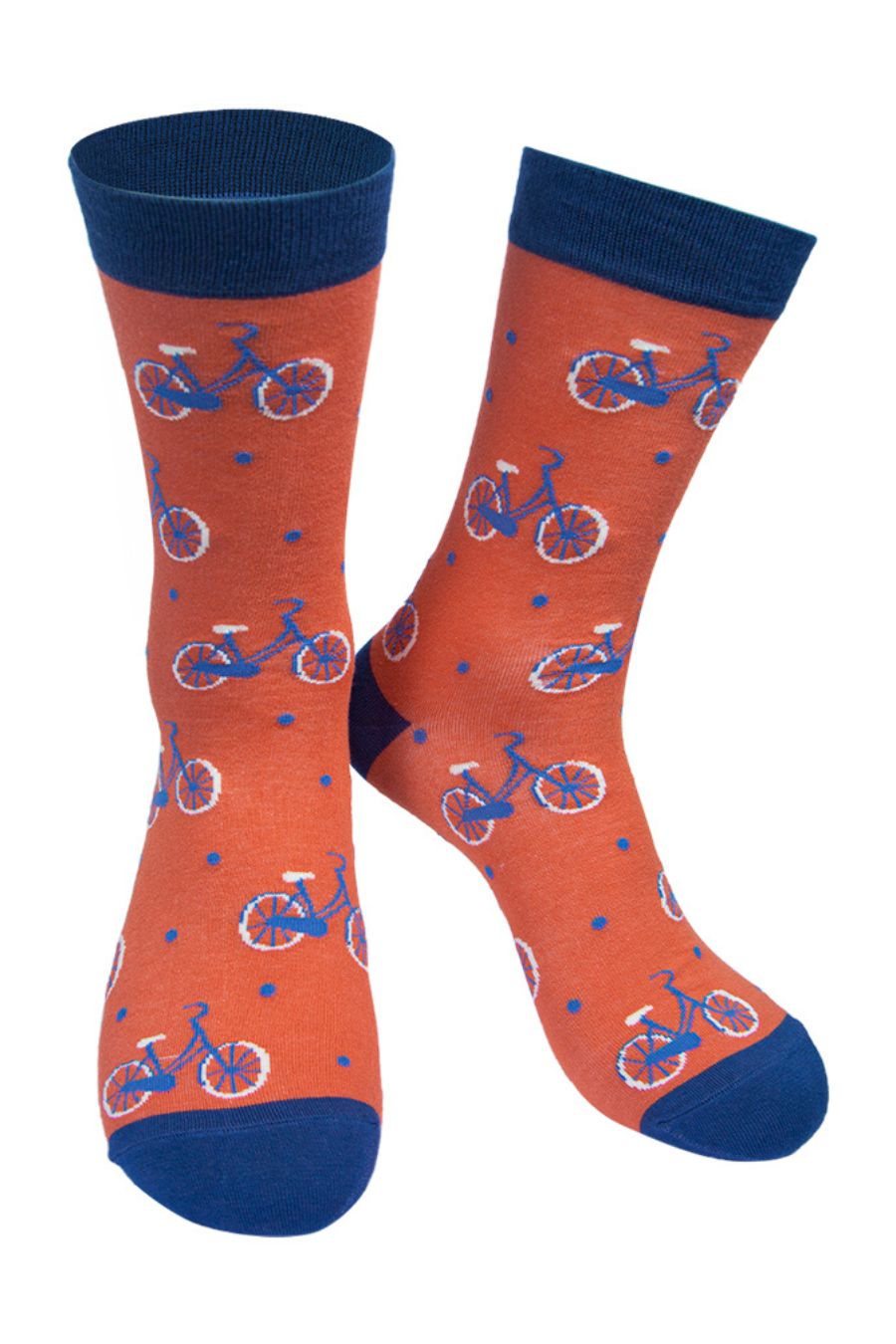 orange and blue men's bamboo dress socks with an all over bicylce print pattern