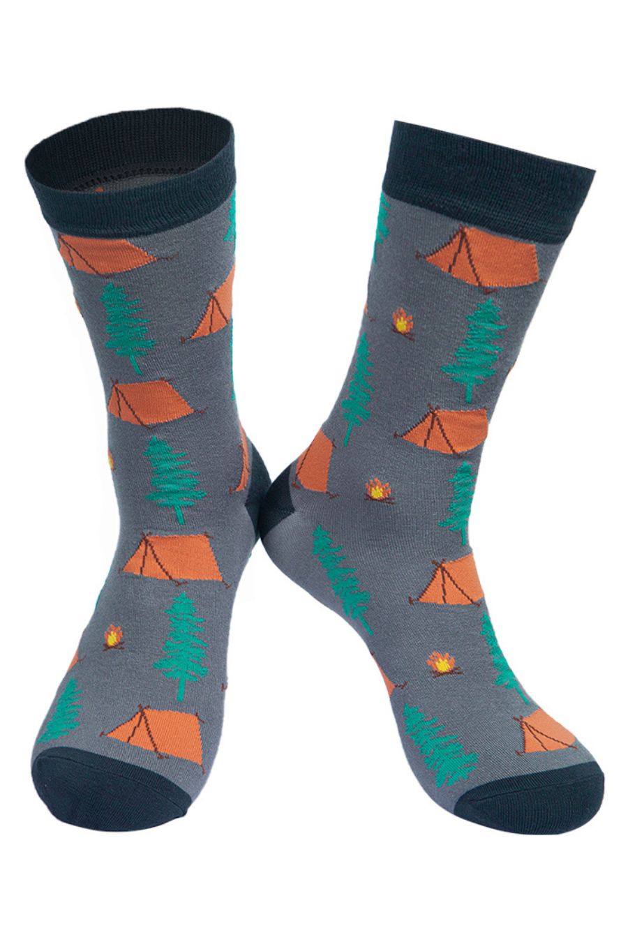 grey bamboo dress socks with a pattern of tents, trees and campfires