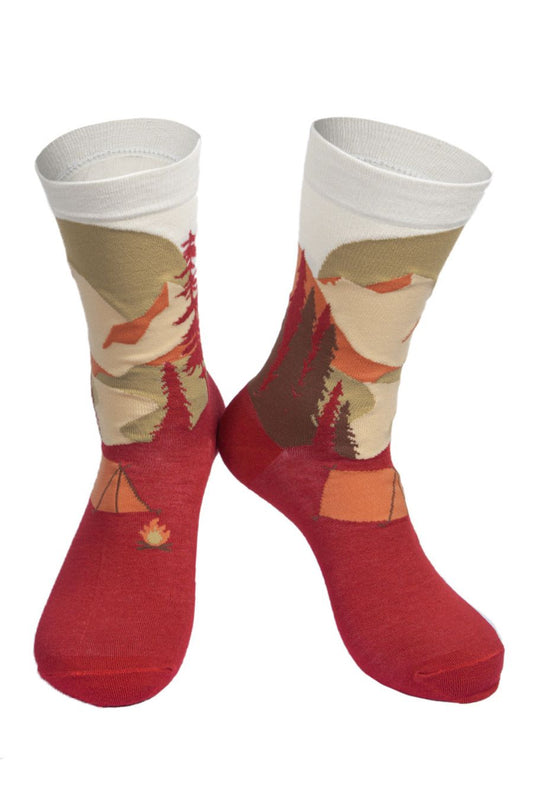 men's bamboo hiking socks in an orange ombre with an artistic camping scene, featuring a campfire and tent