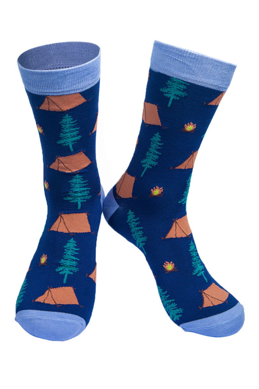 blue bamboo dress socks with a pattern of tents, trees and campfires all over