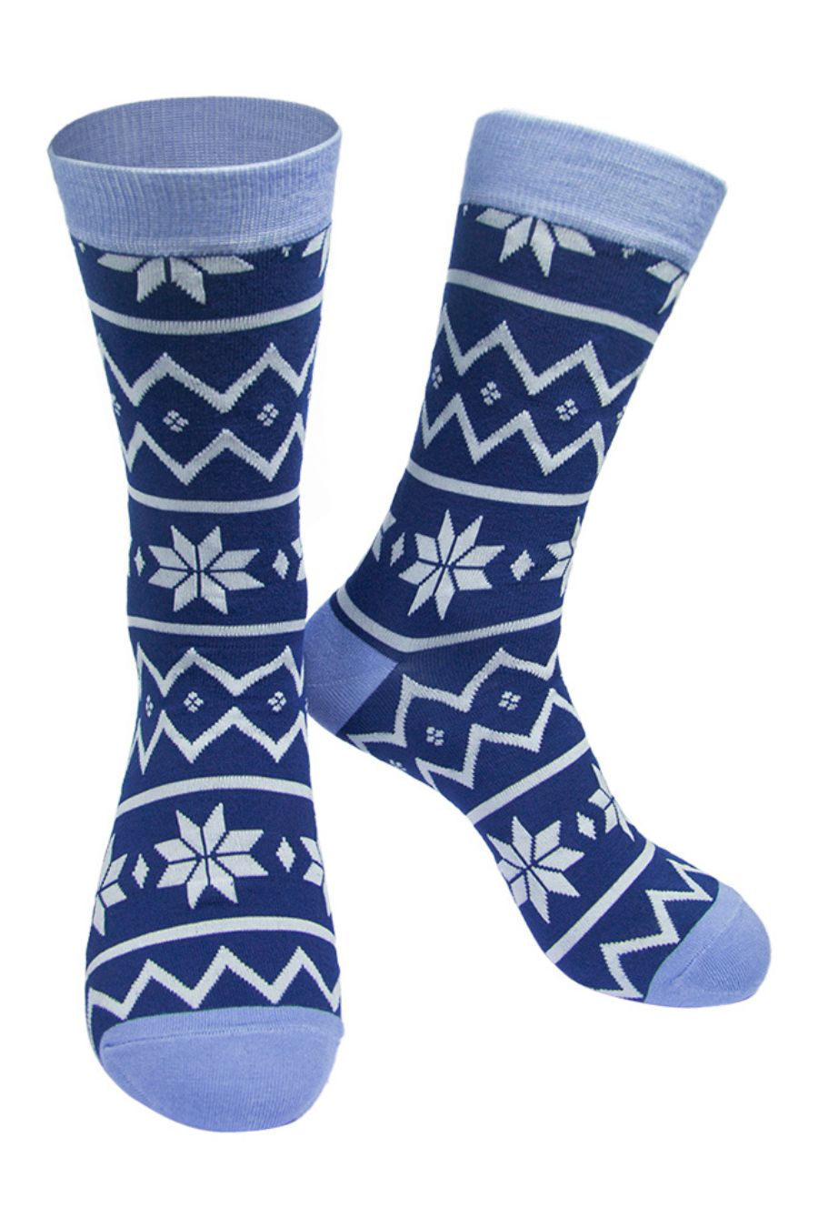 blue bamboo dress socks with a white fair isle pattern