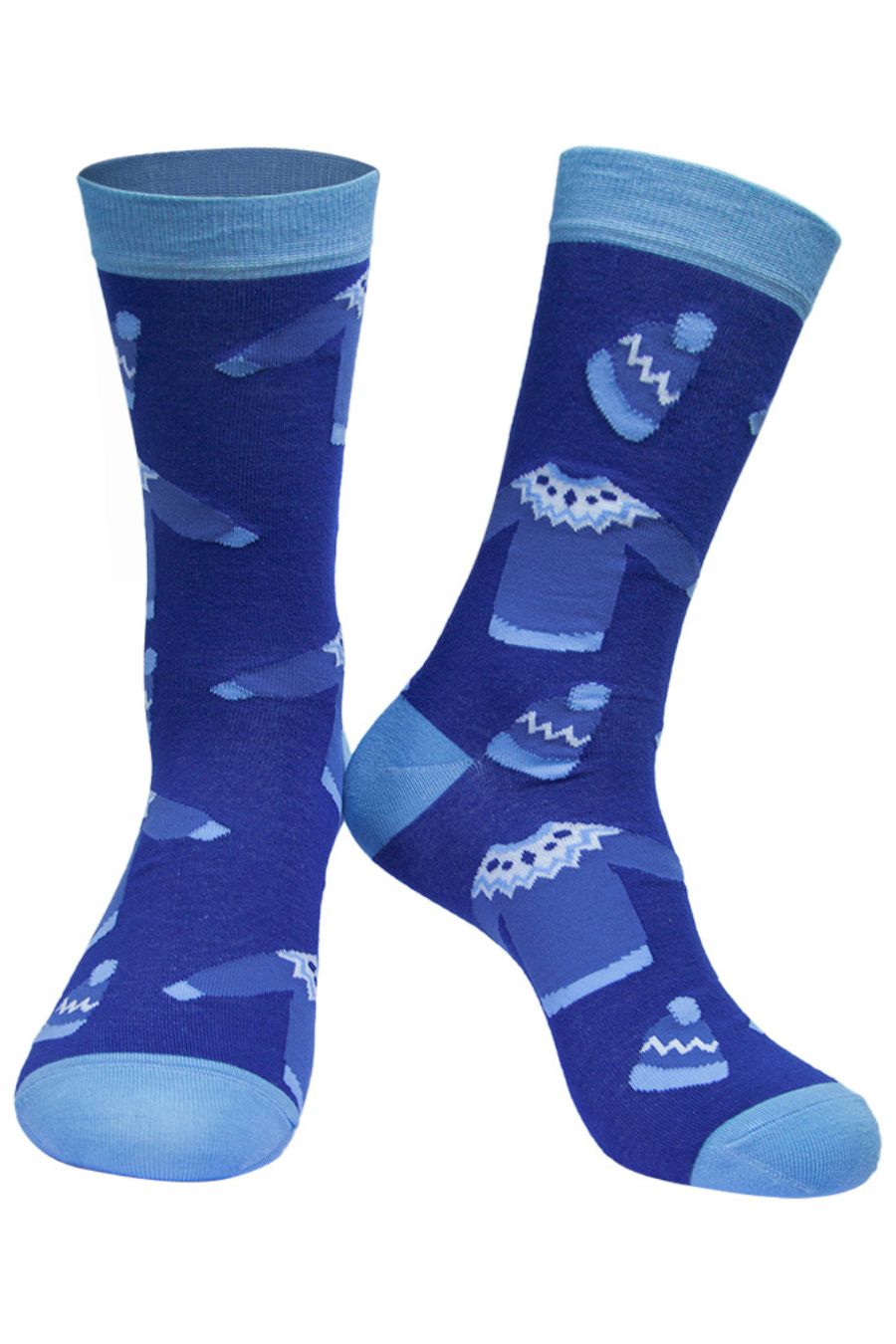 men's blue dress socks with a pattern of winter sweaters and hats