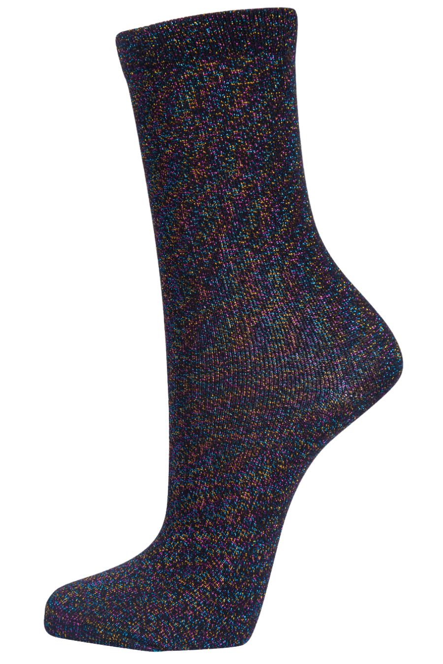 black ankle socks with an all over multicoloured rainbow glitter effect