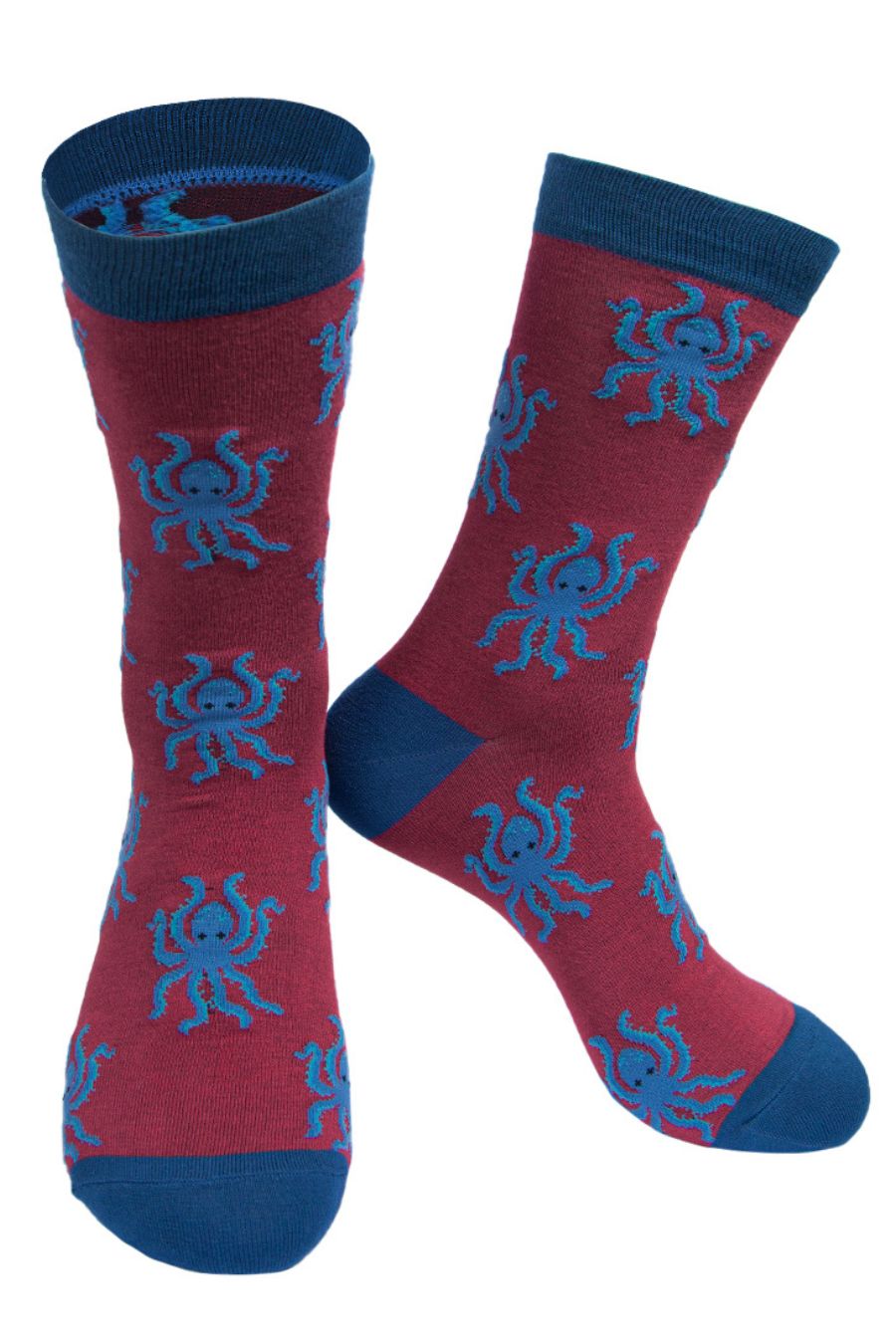 burgundy dress socks with a pattern of blue octopus