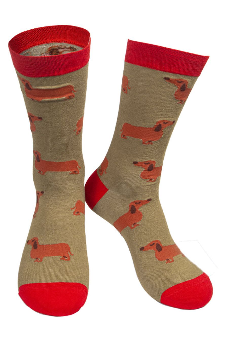 mustard red bamboo socks with an all over sausage dog pattern