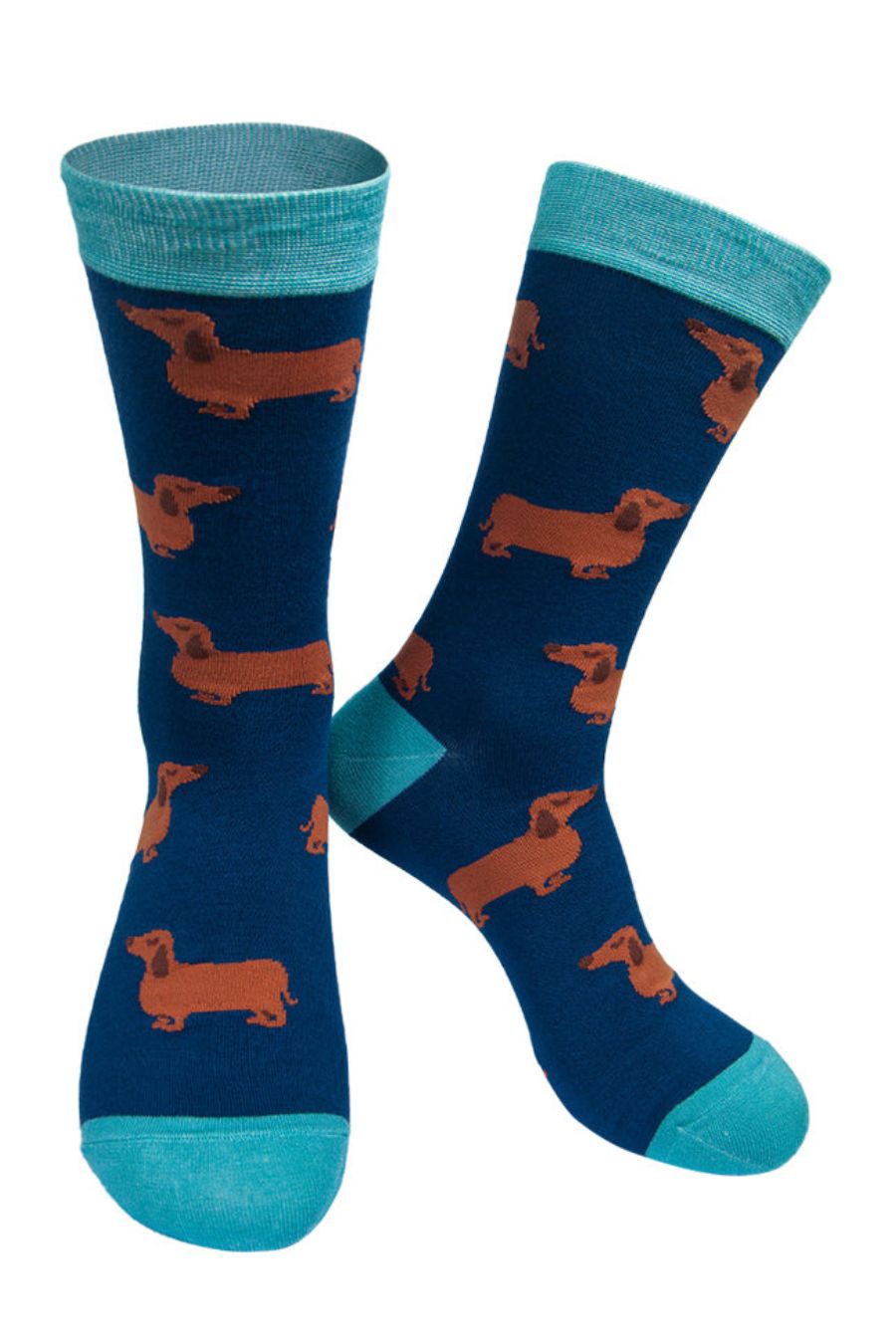blue bamboo dress socks with an all over dachshund print