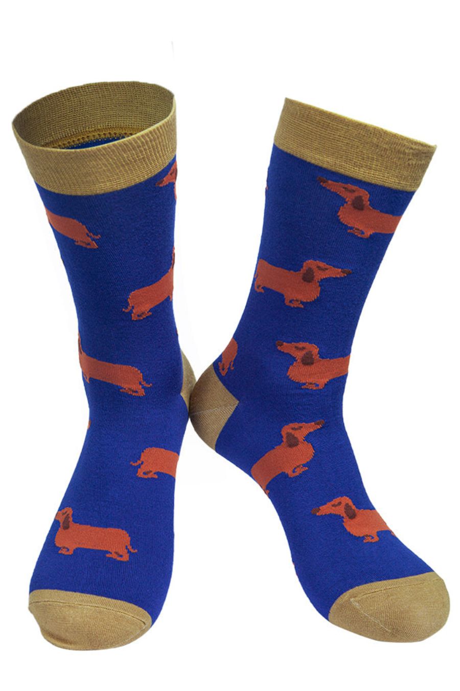 blue and yellow bamboo dress socks with an all over dachshund sausage dog print