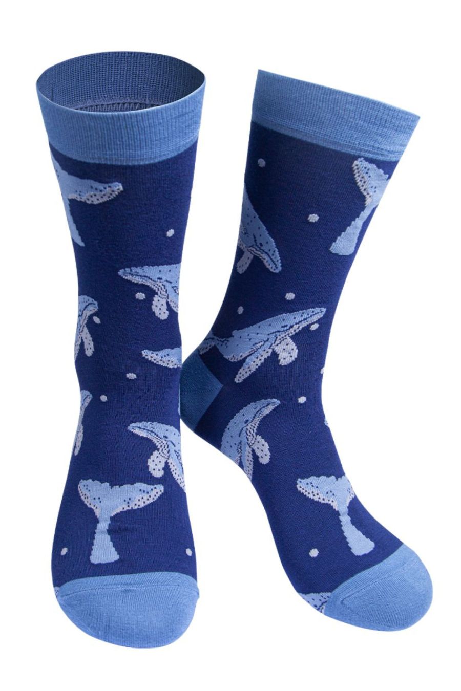 blue dress socks with a pattern of diving blue whales