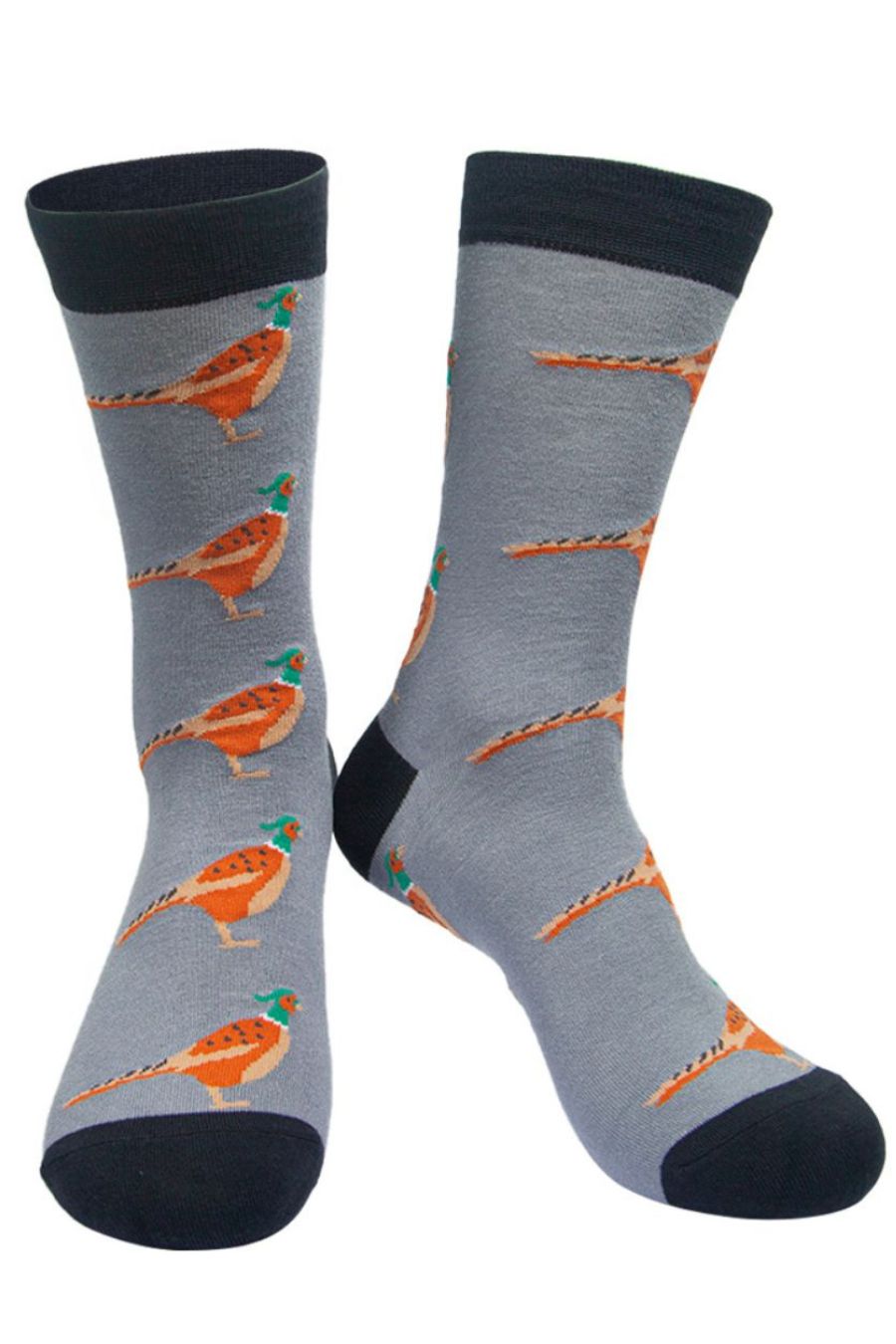 grey dress socks with an all over pattern of pheasant birds