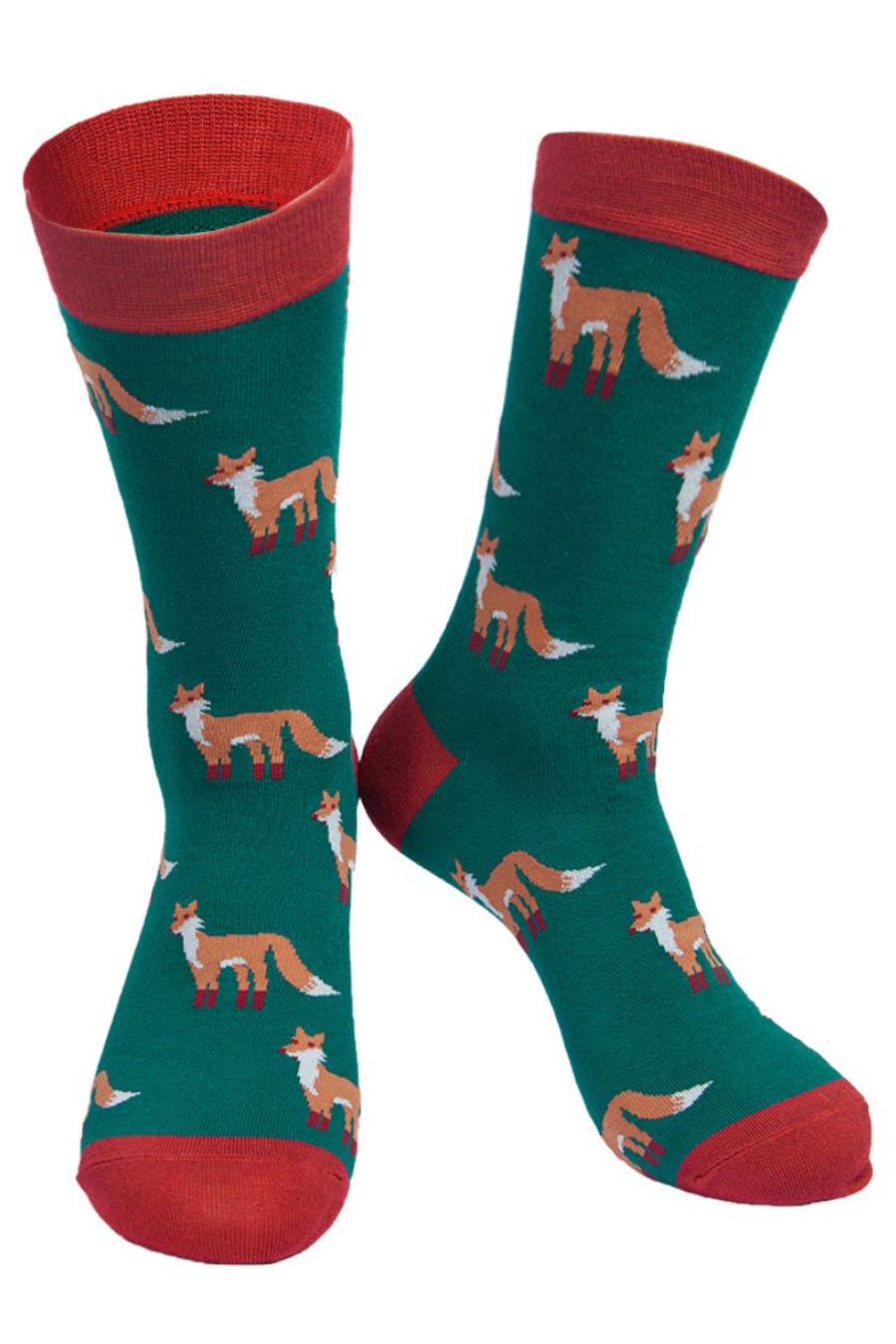 green and red bamboo socks with foxes on them