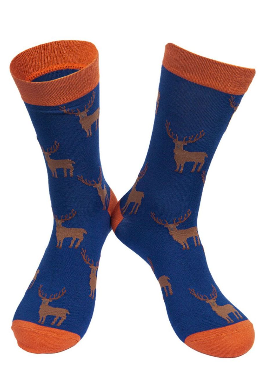 blue and oragne dress socks with all over stag print 