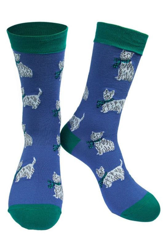 blue bamboo dress socks with west highland terriers all over