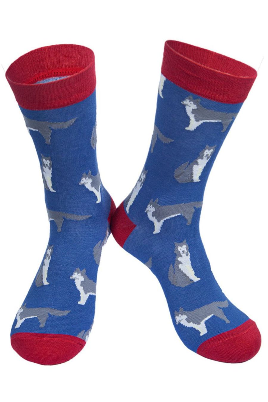 blue and red dress socks with husky dogs
