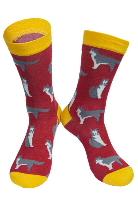 red and yellow men's bamboo dress socks with siberian huskies